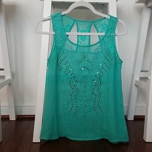 Daytrip Sea Green Sheer Dressy Top with Sequins